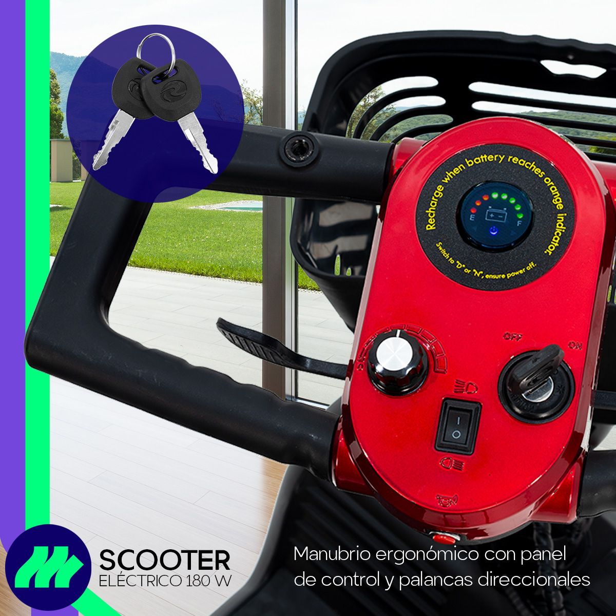 Panel de control de la silla de ruedas eléctrica scooter 4 ruedas asiento, con dial de velocidad, palanca direccional y encendido seguro.