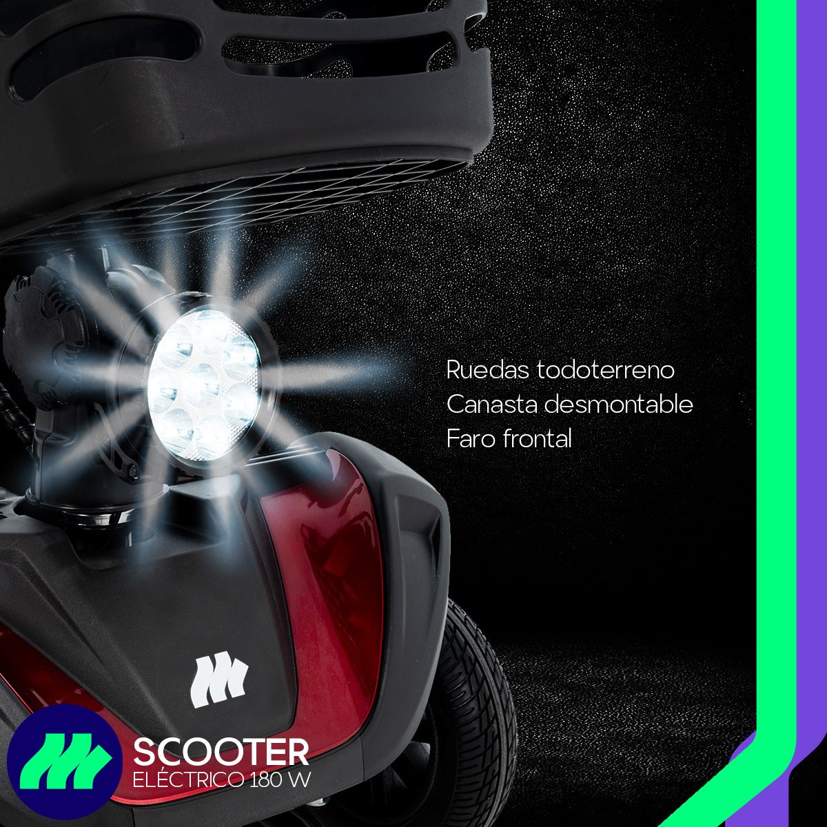 Ruedas todoterreno y antivuelco de la silla de ruedas eléctrica scooter 4 ruedas asiento, permitiendo desplazarse por todo tipo de superficie.