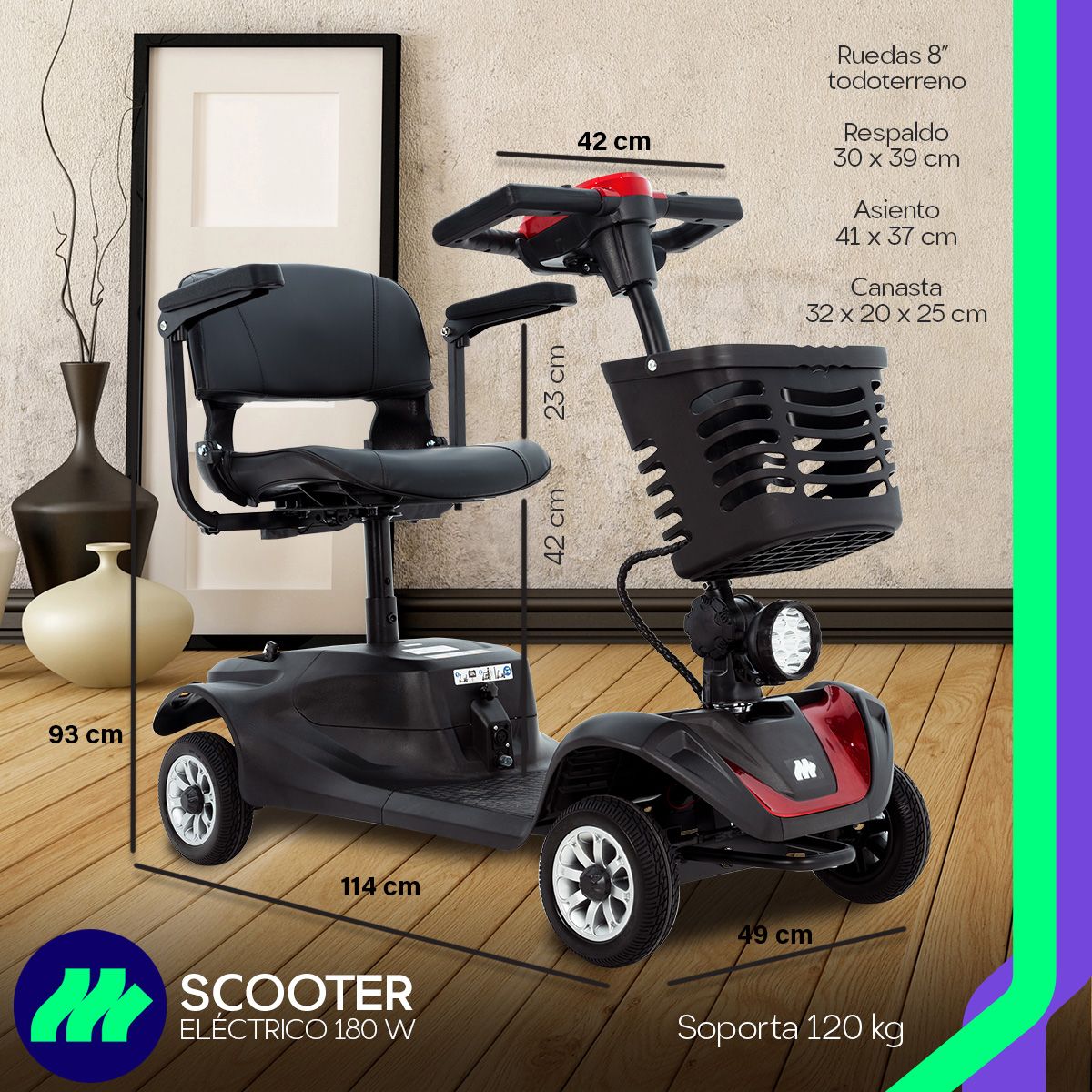Batería recargable y cargador incluido en la silla de ruedas eléctrica scooter 4 ruedas asiento, autonomía confiable para desplazamientos diarios.