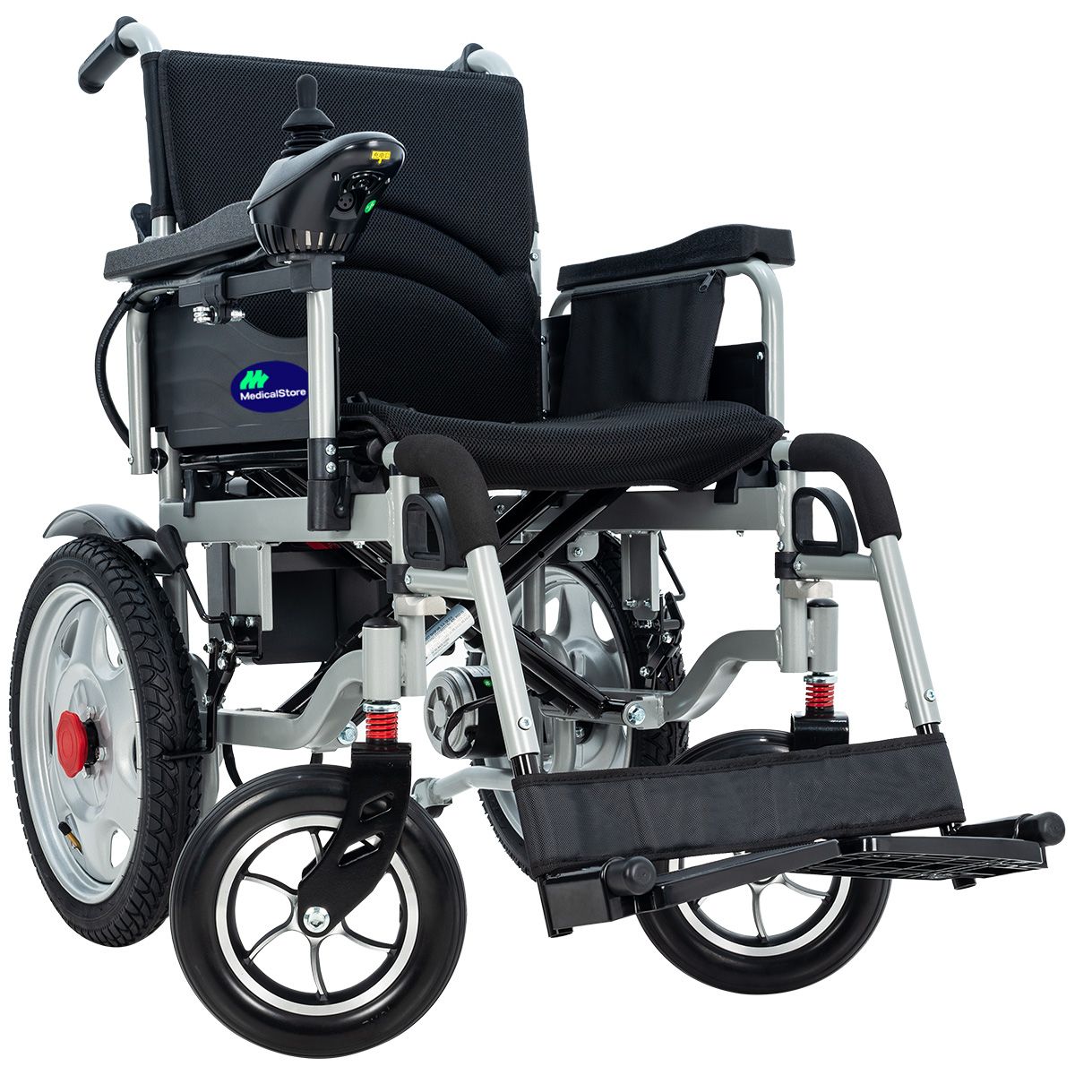 Silla de ruedas eléctrica plegable todoterreno con joystick y asiento acolchado