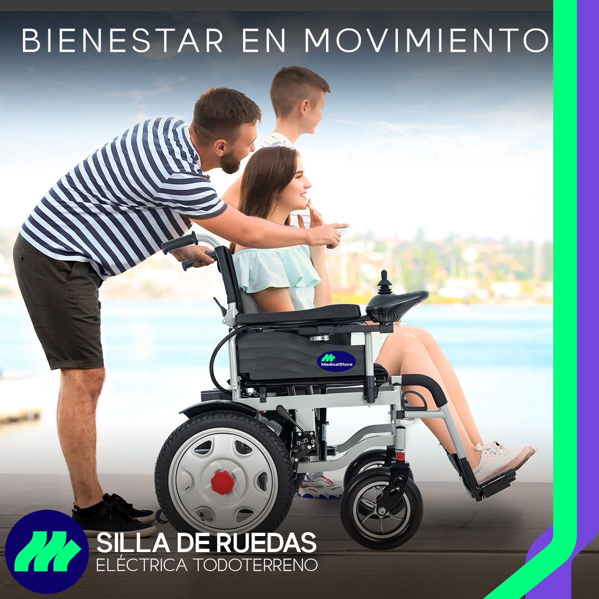 Vista lateral de la silla de ruedas eléctrica plegable mostrando ruedas todoterreno