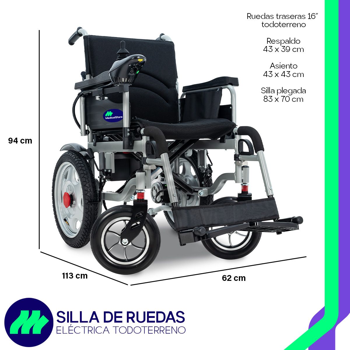 Vista plegada de la silla de ruedas eléctrica plegable para transporte y almacenamiento