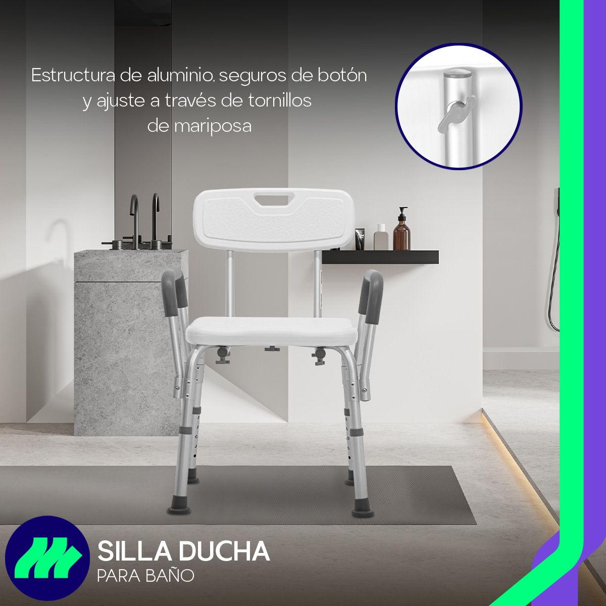 Descansabrazos desmontables con cubiertas antiderrapantes que proporcionan apoyo y comodidad al usuario.