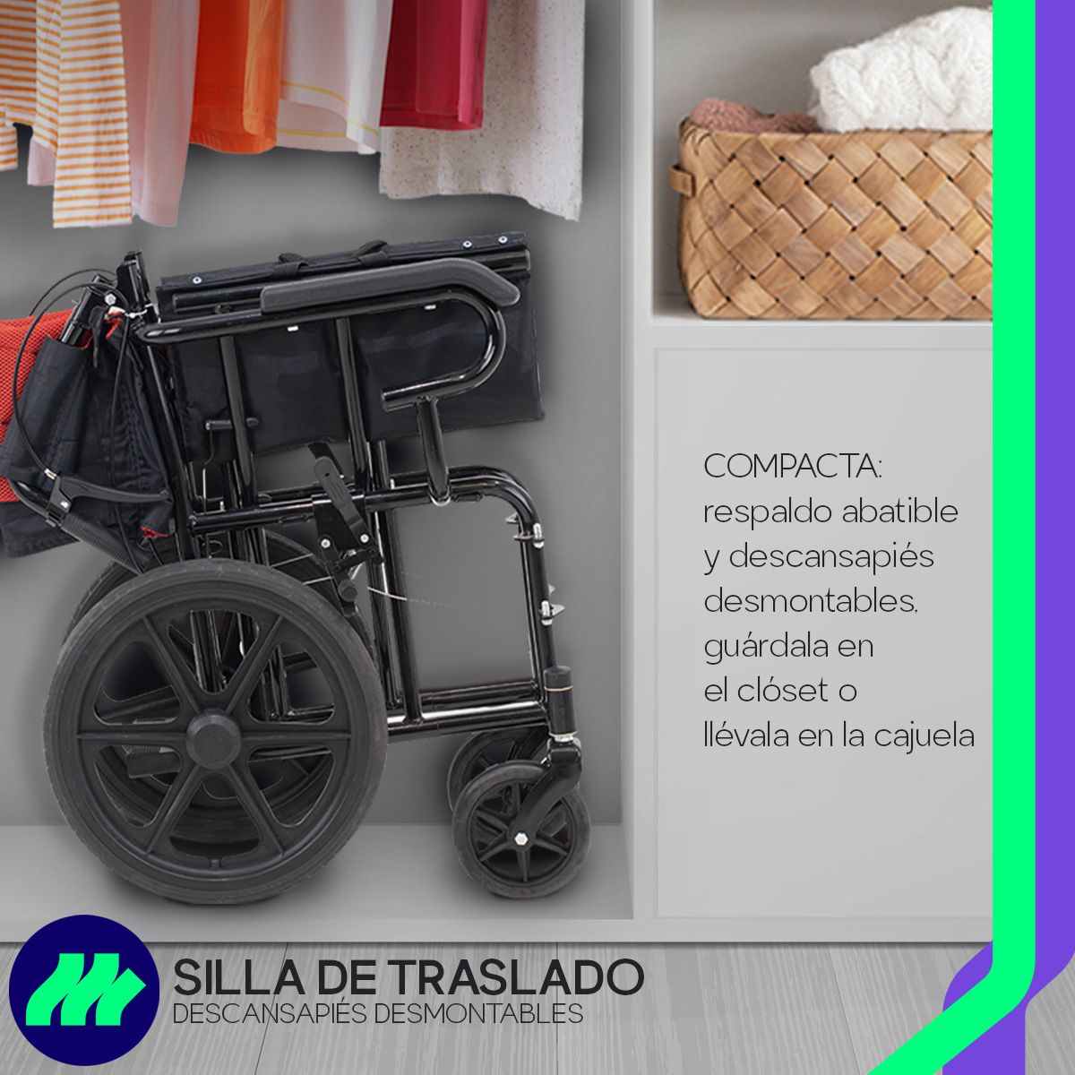 Silla de Ruedas Traslado Plegable resistente de acero reforzado