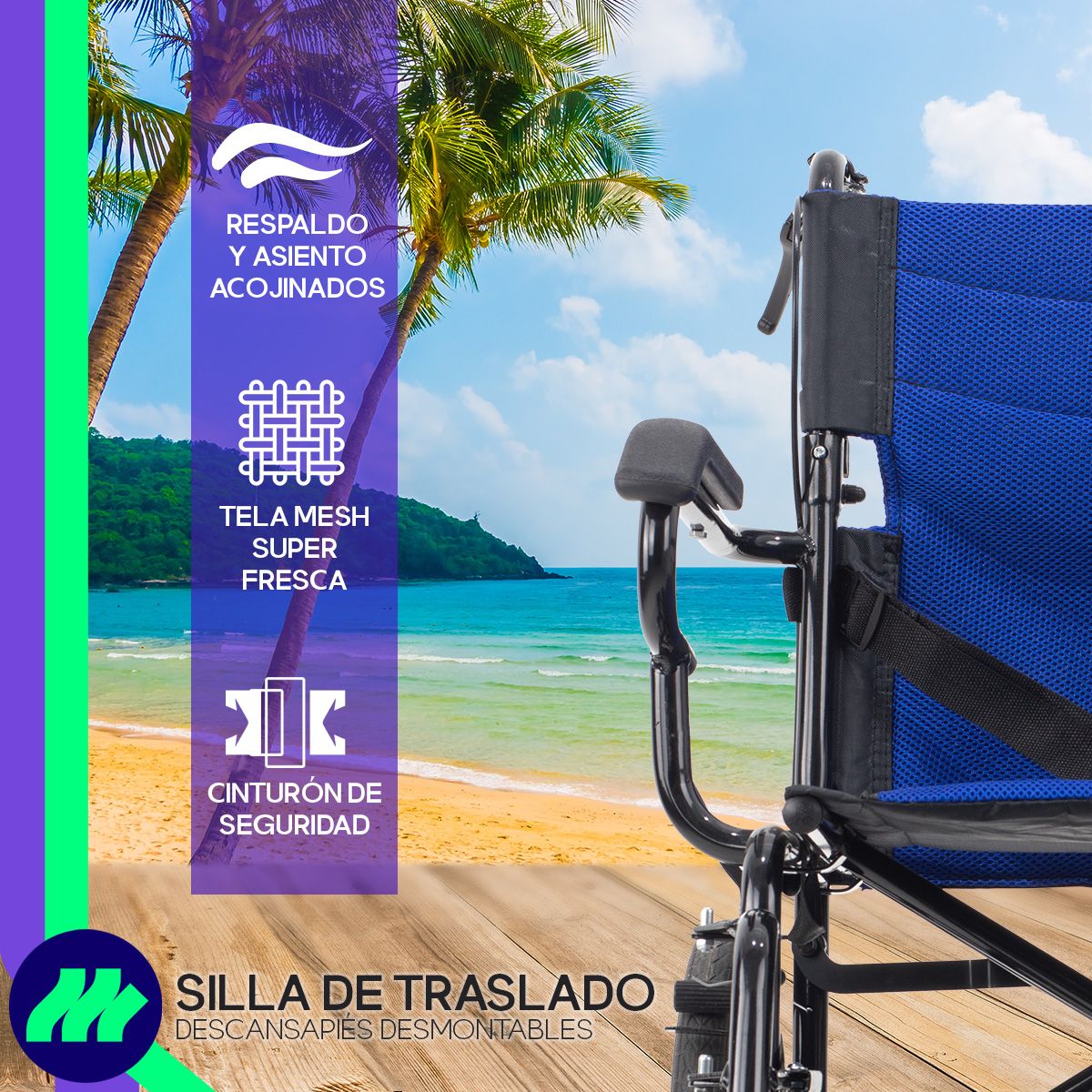 Silla de Ruedas Traslado Plegable con cinturón de seguridad y apoyabrazos