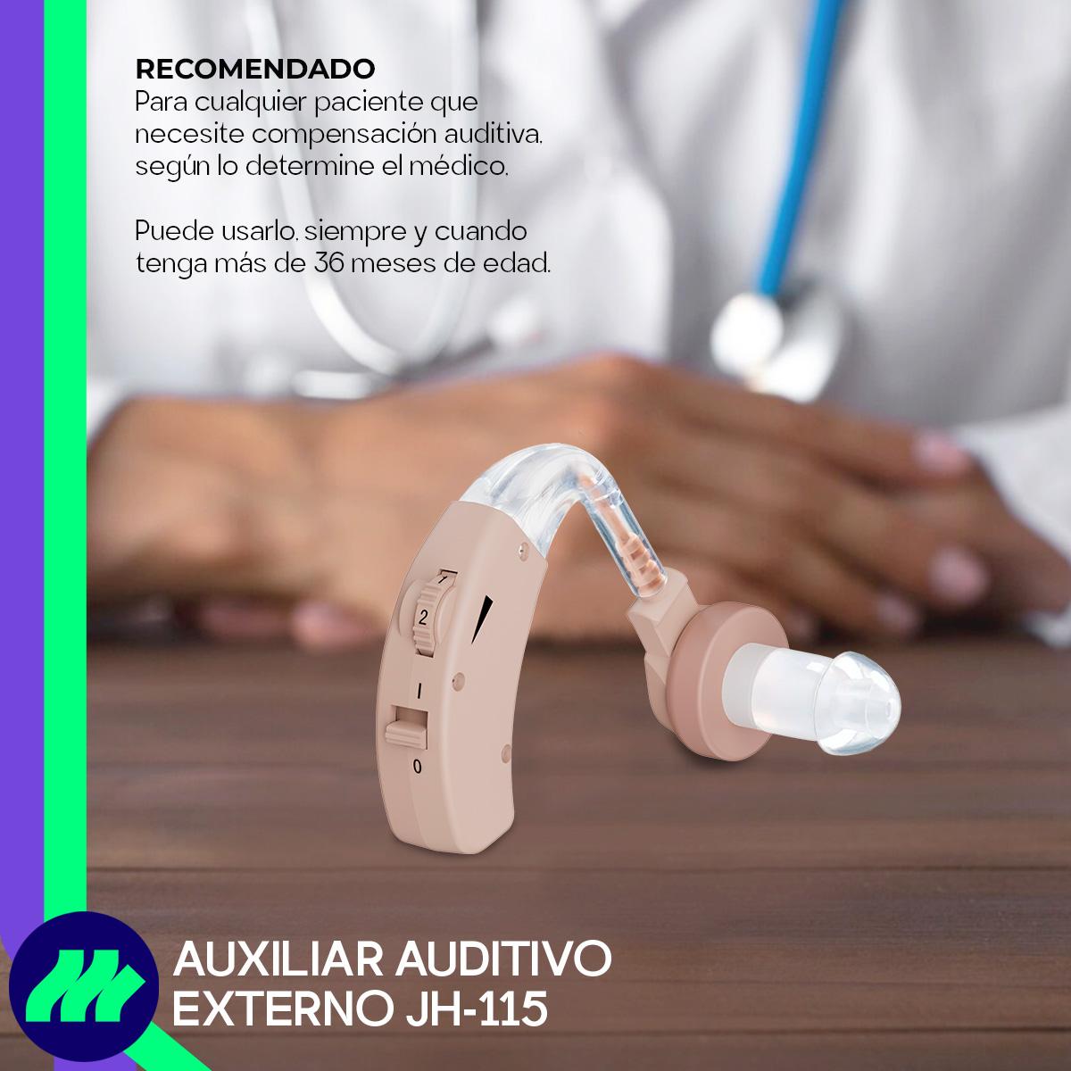 Audífono portátil con estuche y gomas de repuesto. Perfecto para mantener tu auxiliar limpio y protegido en todo momento.