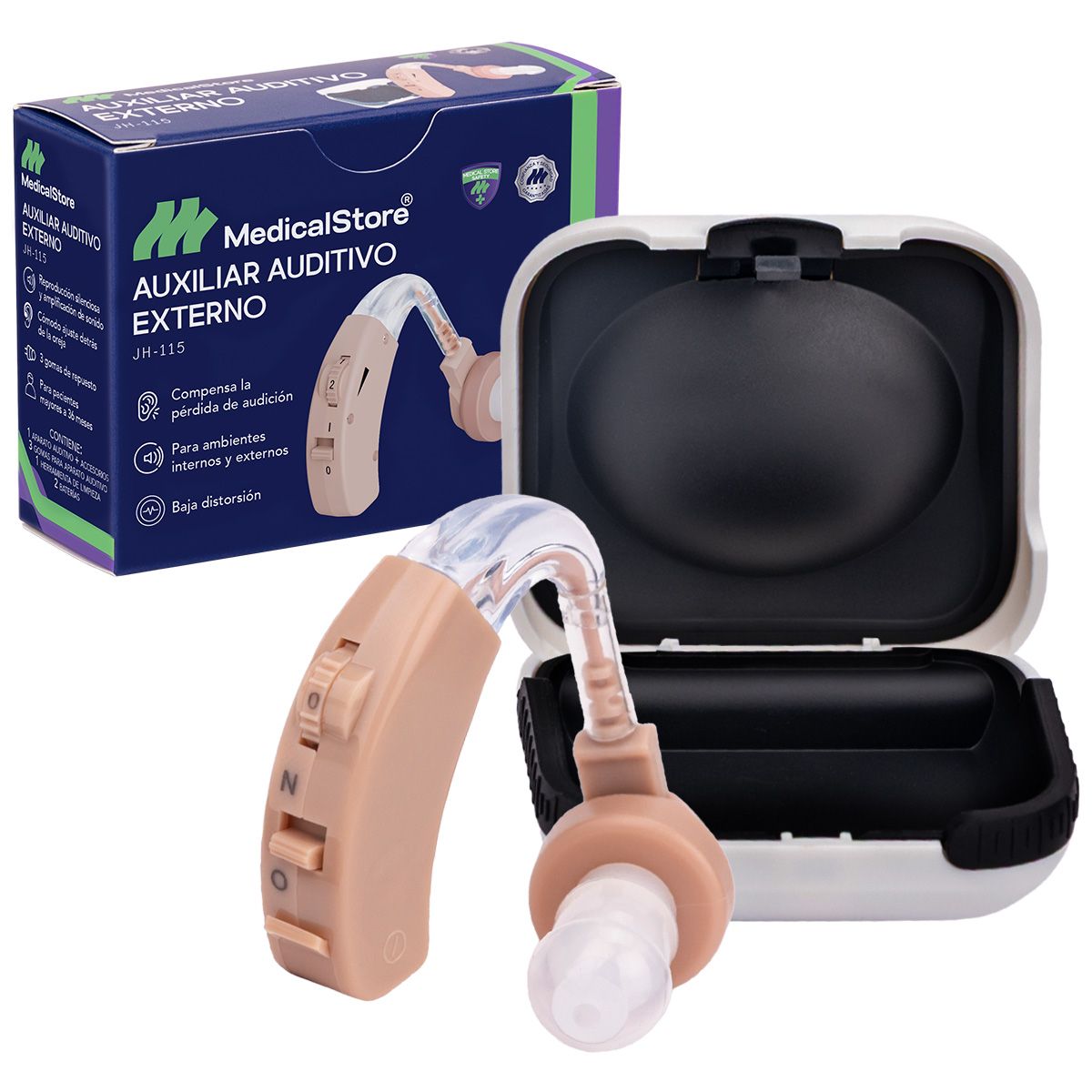 Audífono amplificador ergonómico con gancho para oreja, ideal para mejorar la audición diaria con comodidad y claridad de sonido.