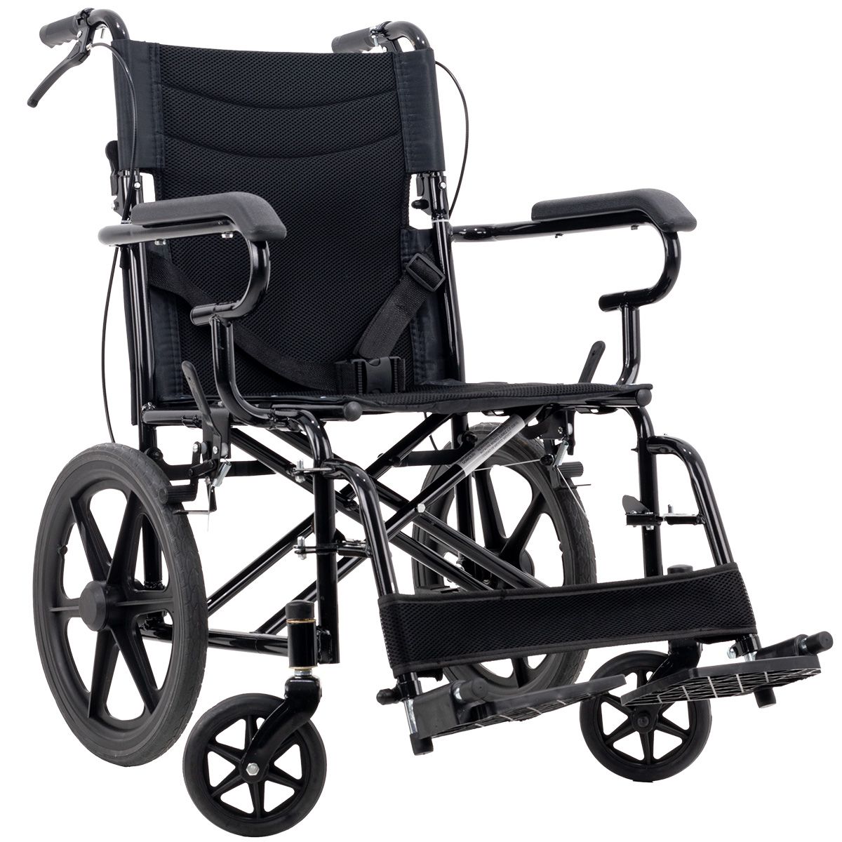 Silla de Ruedas Traslado Plegable Todo Terreno con Posapiés Abatibles vista frontal