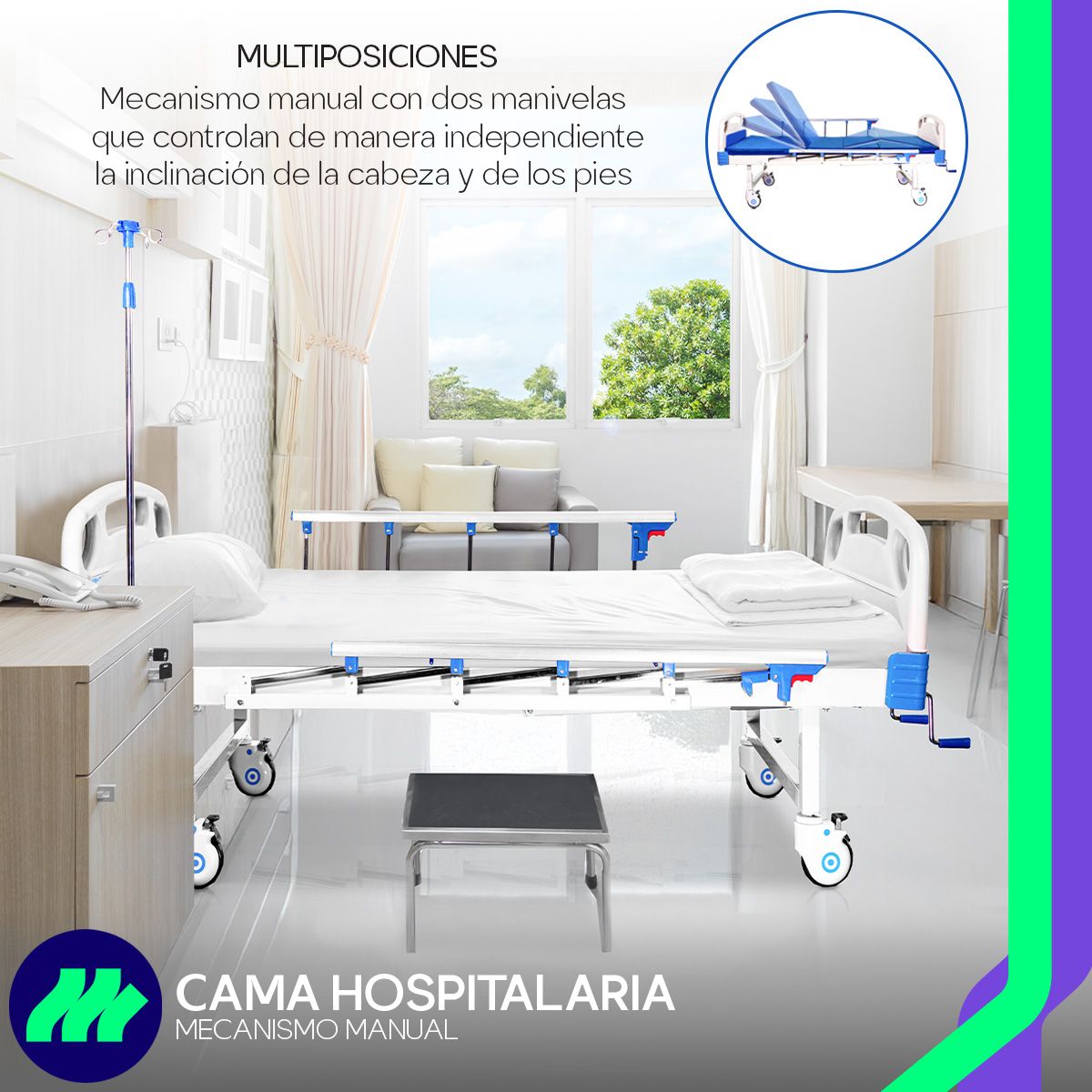 Cama Hospitalaria Manual Porta Suero 4 Ganchos Mesa Color Blanco Colchón Impermeable Mesa Ajustable Barandales Abatibles Cabecera Y Piecera Desmontables Ruedas Con Freno
