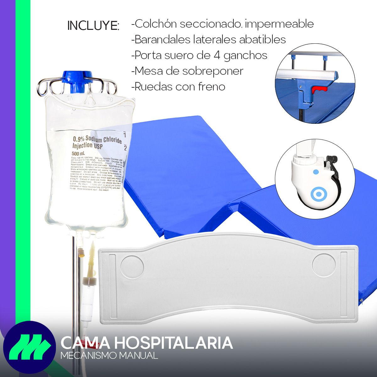 Cama Hospitalaria Manual Porta Suero 4 Ganchos Mesa Color Blanco Colchón Impermeable Mesa Ajustable Barandales Abatibles Cabecera Y Piecera Desmontables Ruedas Con Freno