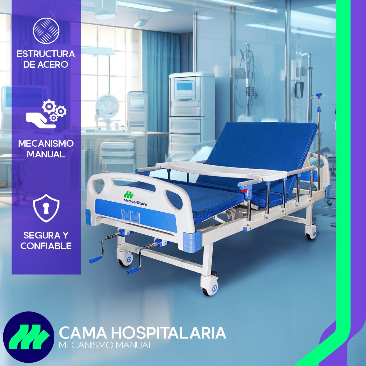 Cama Hospitalaria Manual Porta Suero 4 Ganchos Mesa Color Blanco Colchón Impermeable Mesa Ajustable Barandales Abatibles Cabecera Y Piecera Desmontables Ruedas Con Freno