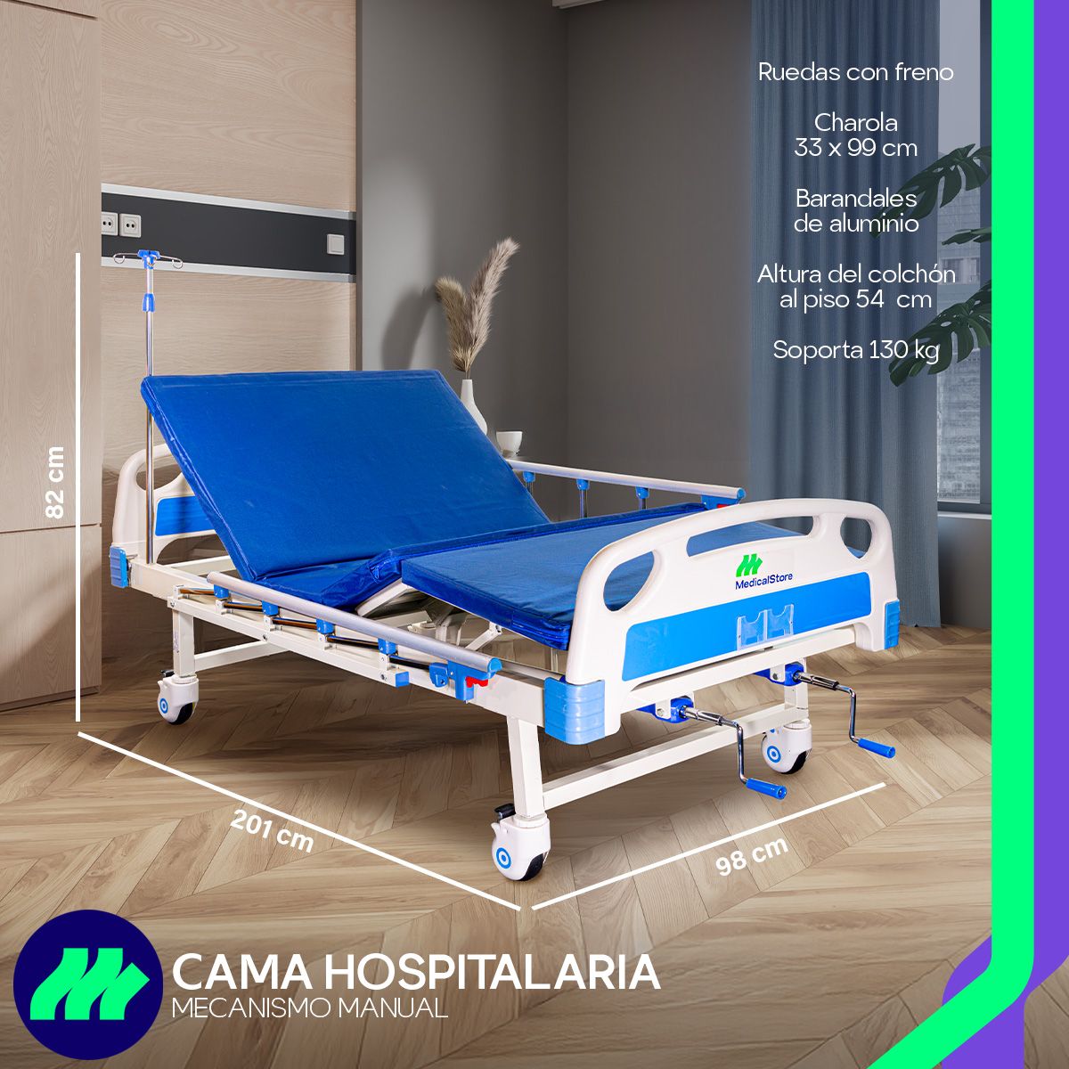 Cama Hospitalaria Manual Porta Suero 4 Ganchos Mesa Color Blanco Colchón Impermeable Mesa Ajustable Barandales Abatibles Cabecera Y Piecera Desmontables Ruedas Con Freno