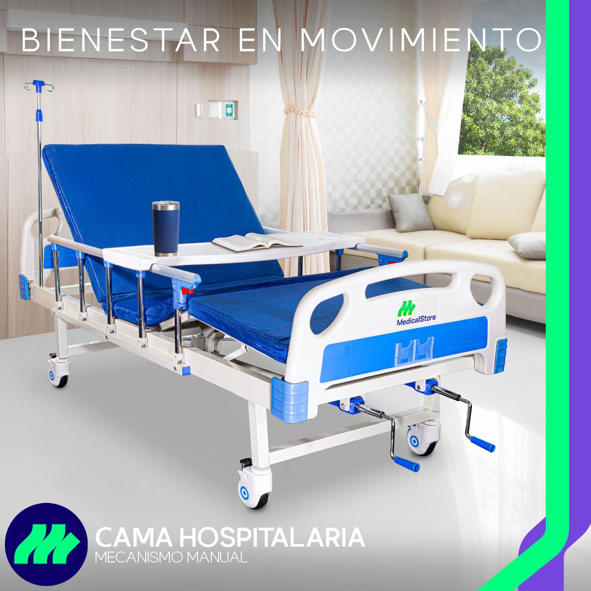 Cama Hospitalaria Manual Porta Suero 4 Ganchos Mesa Color Blanco Colchón Impermeable Mesa Ajustable Barandales Abatibles Cabecera Y Piecera Desmontables Ruedas Con Freno