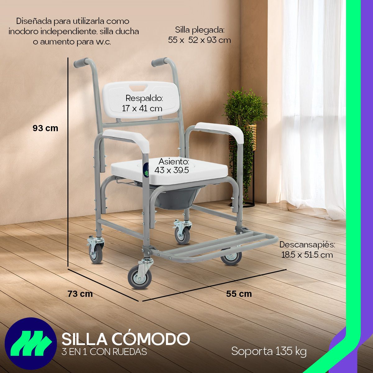 Ruedas giratorias con sistema de bloqueo de la silla cómodo 3 en 1 cromada.