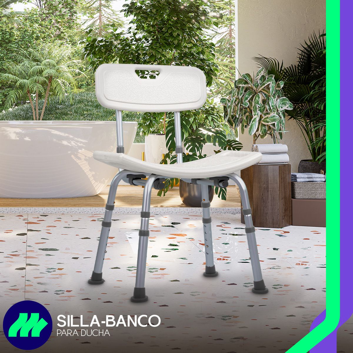 Silla ducha baño ajustable con respaldo ergonómico y patas regulables en altura para adaptarse a diferentes usuarios.