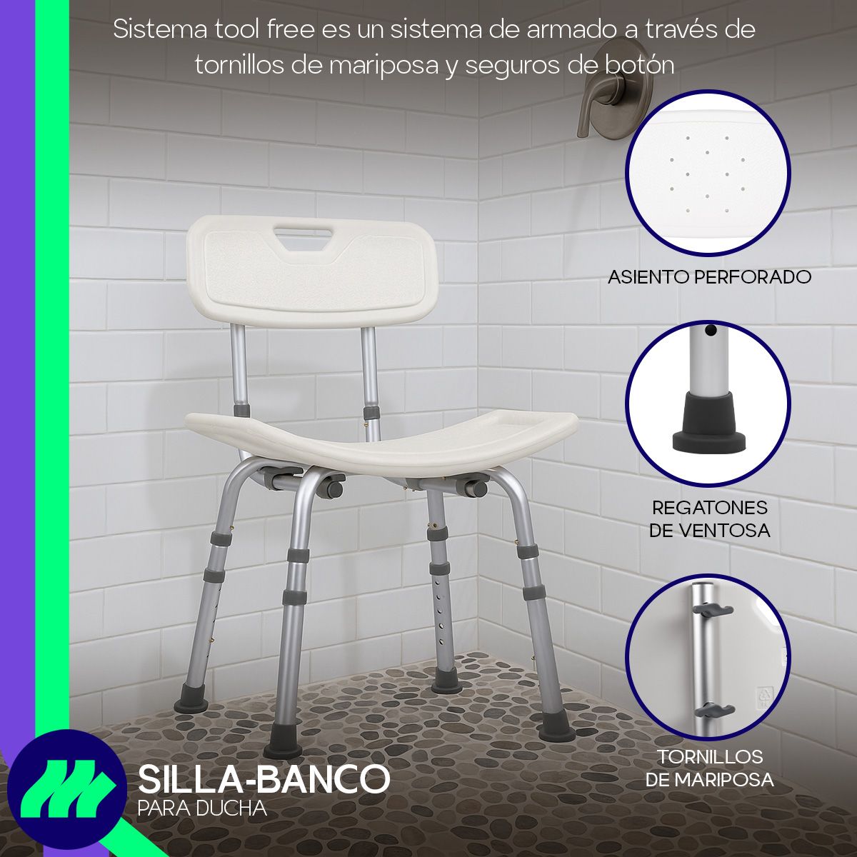 Asiento de la silla ducha baño ajustable con orificios de drenaje rápido que evitan acumulación de agua y mejoran la higiene