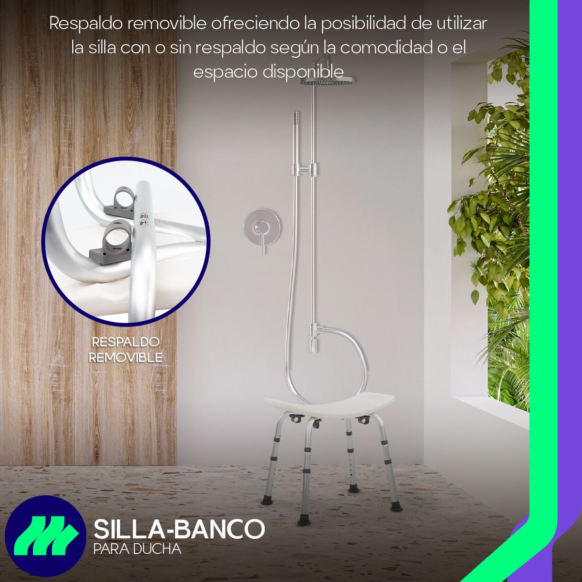 Topes plásticos y ventosas antiderrapantes de la silla ducha baño ajustable que ofrecen estabilidad y seguridad al usuario.