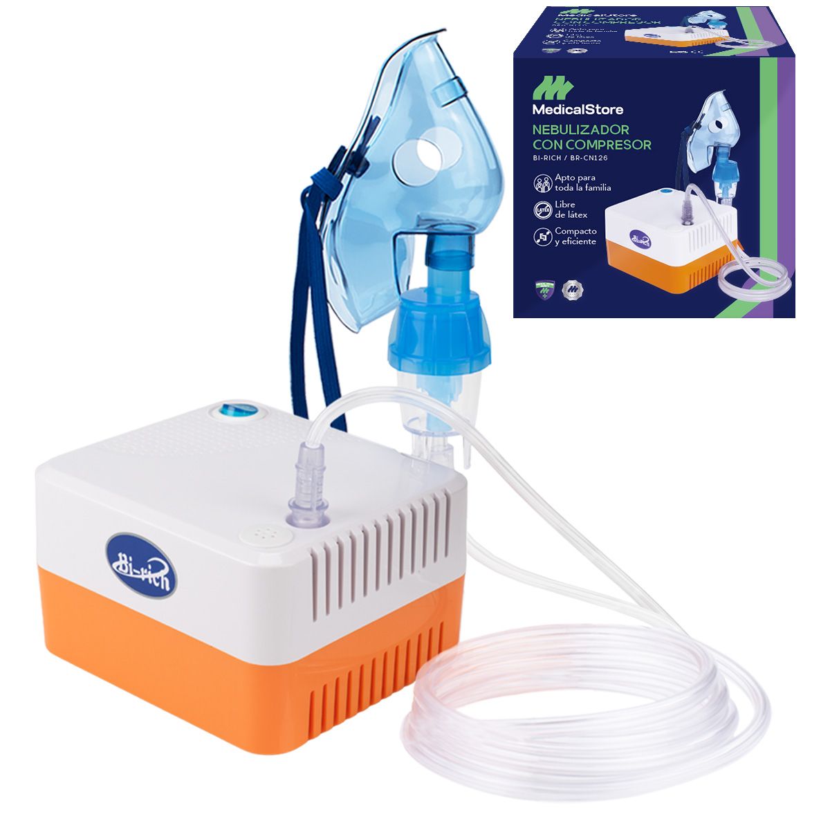 Nebulizador Médico Portátil Naranja y Blanco con diseño compacto, ideal para uso en adultos e infantiles, silencioso y eficiente.