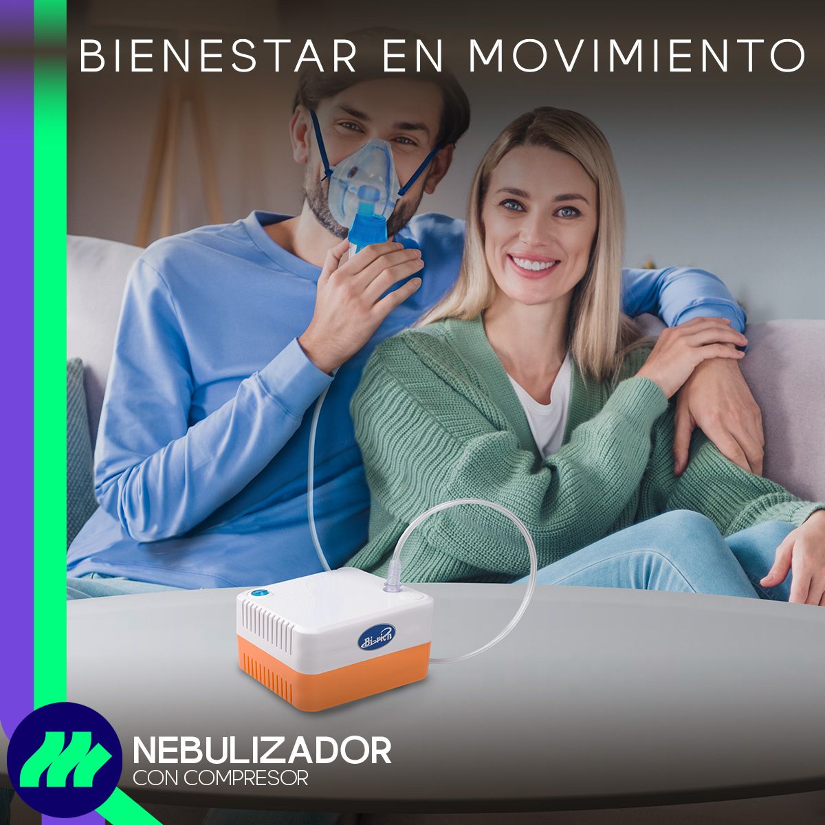 Vista lateral del Nebulizador Médico Portátil mostrando su tamaño portátil y fácil manejo para sesiones de aerosolterapia.