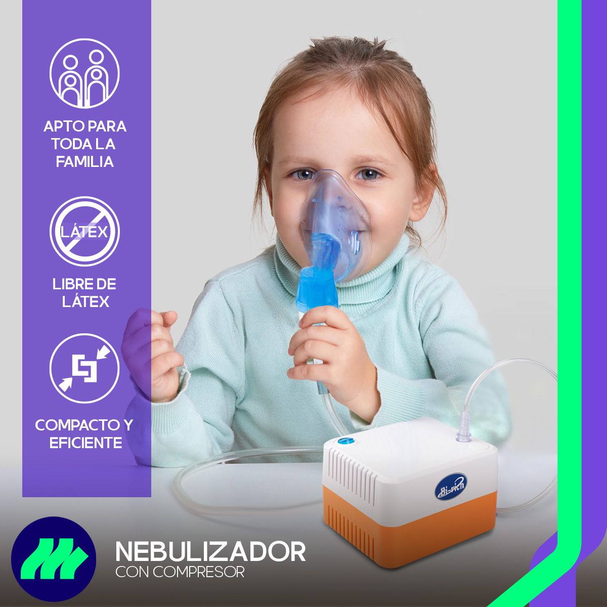Detalle del botón de encendido del Nebulizador Médico Portátil Naranja y Blanco, operación fácil con un solo toque.