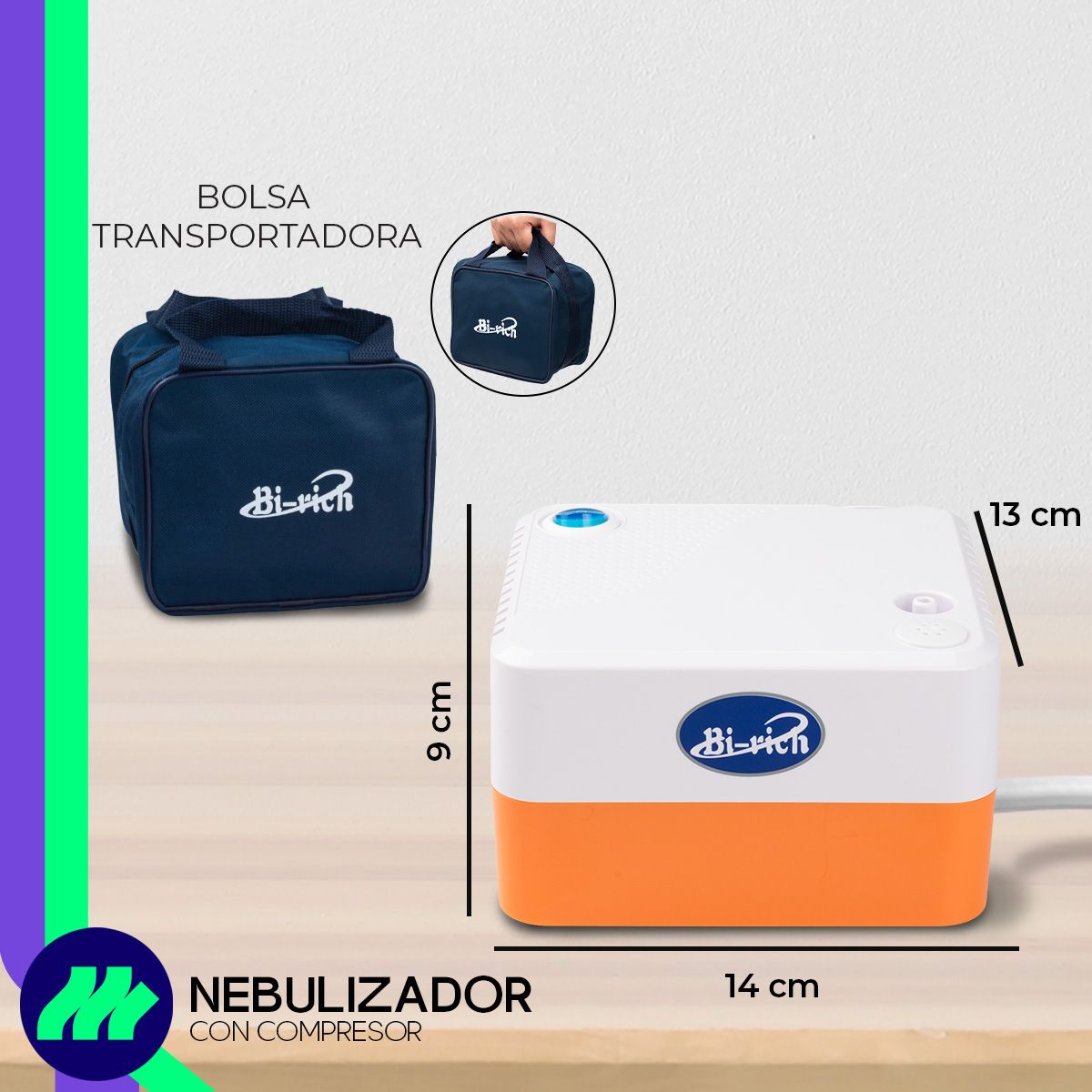 Nebulizador Médico Portátil Naranja y Blanco compacto dentro de su estuche, ideal para viajes y uso doméstico.
