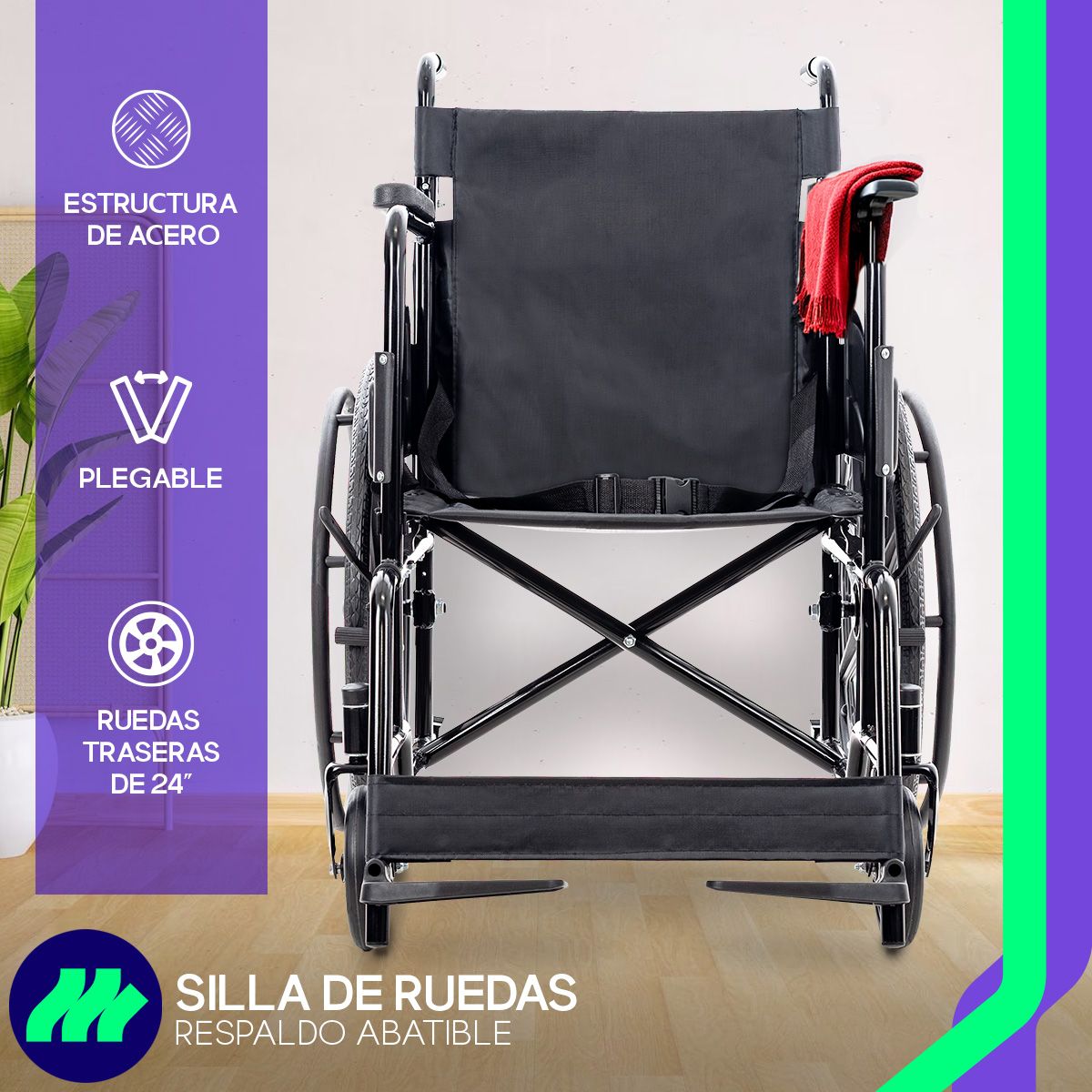Silla de ruedas plegable ligera y resistente, con estructura de acero esmaltado, ideal para transporte y uso diario.