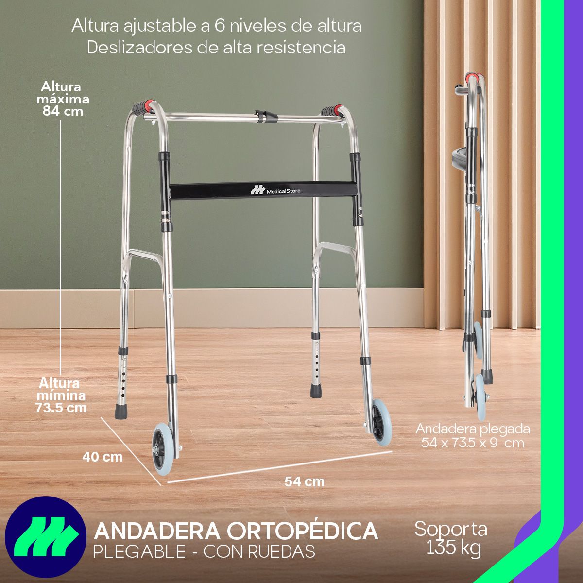 Andadera ortopédica con ruedas y estructura metálica duradera y ligera