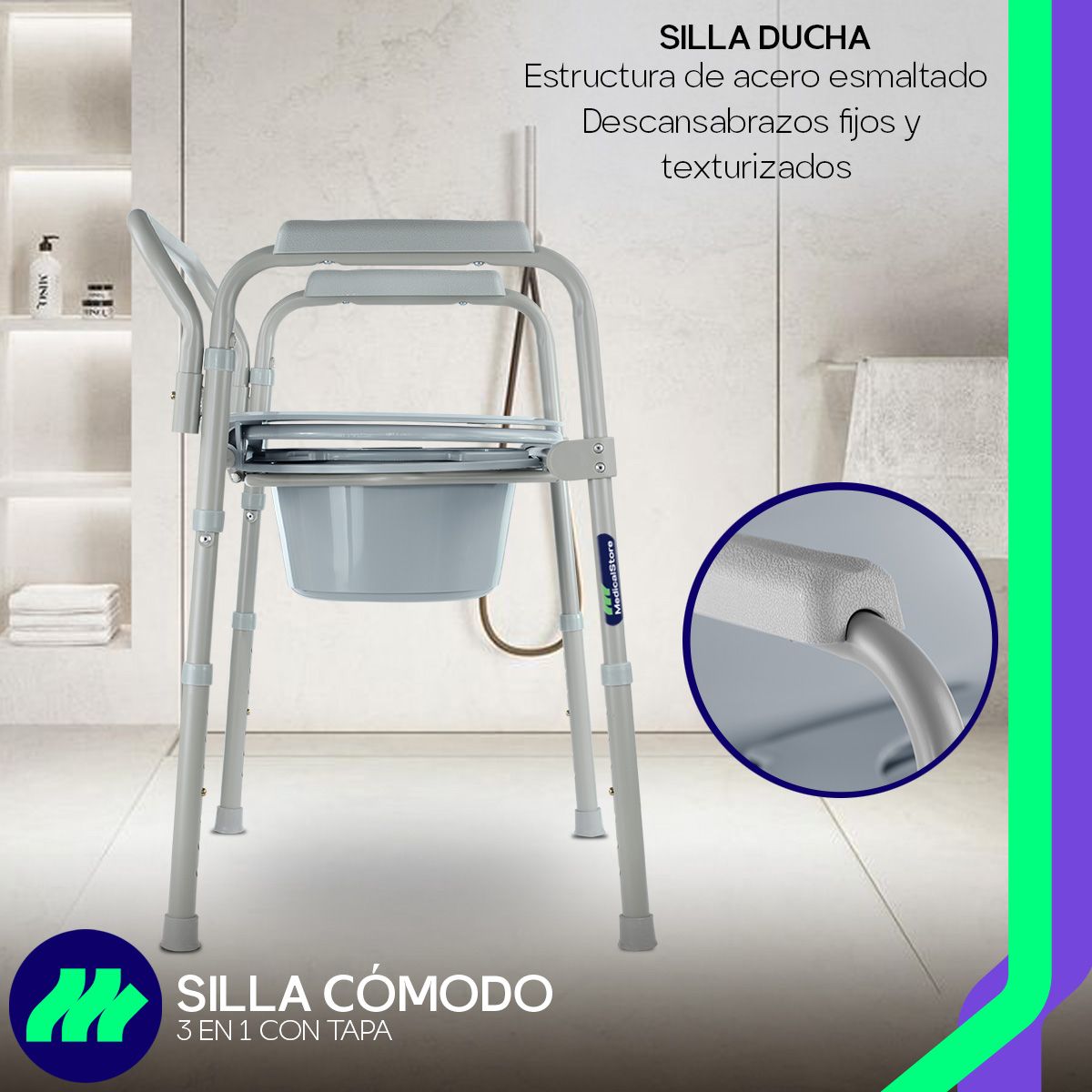 Silla Comodo 3 En 1 Wc Silla Ducha Aumento Baño Adultos Mayores Medicalstore Confrtable Plegable