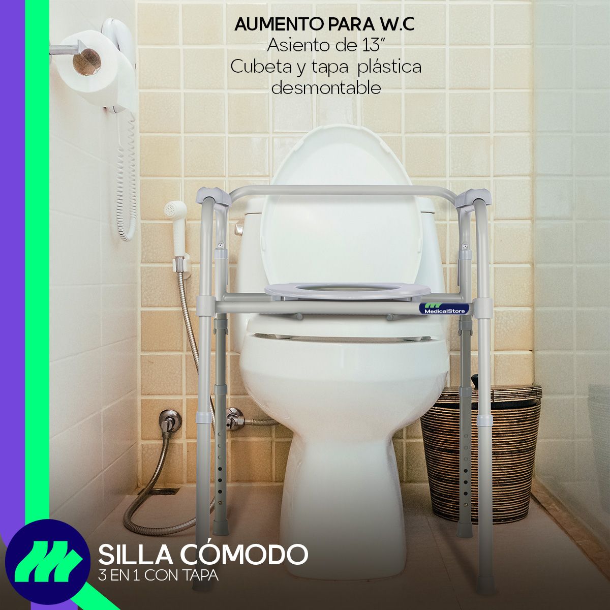 Silla Comodo 3 En 1 Wc Silla Ducha Aumento Baño Adultos Mayores Medicalstore Confrtable Plegable