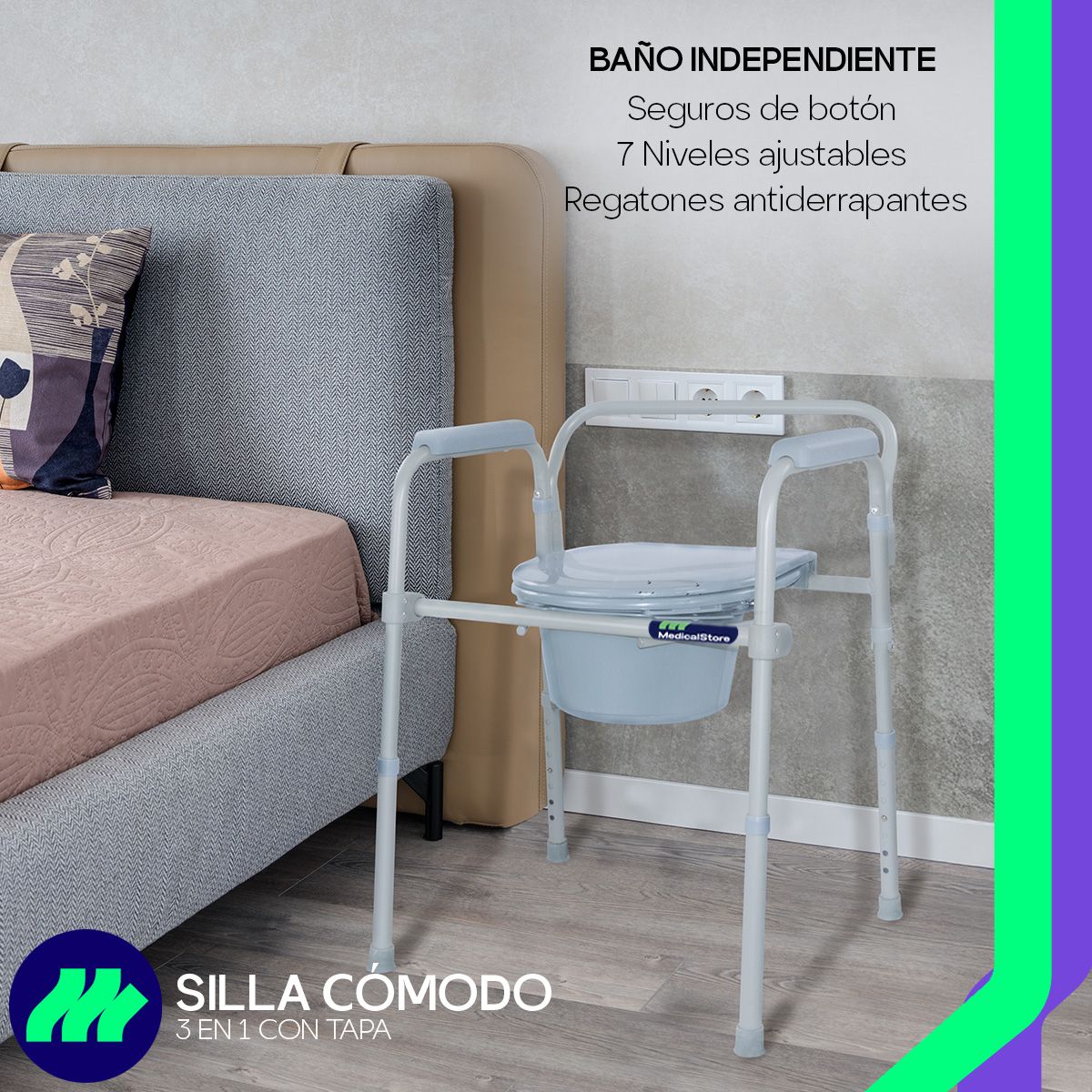 Silla Comodo 3 En 1 Wc Silla Ducha Aumento Baño Adultos Mayores Medicalstore Confrtable Plegable