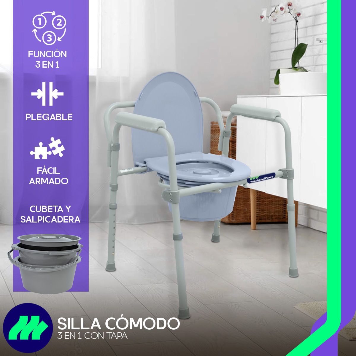 Silla Comodo 3 En 1 Wc Silla Ducha Aumento Baño Adultos Mayores Medicalstore Confrtable Plegable