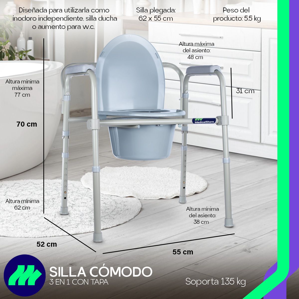 Silla Comodo 3 En 1 Wc Silla Ducha Aumento Baño Adultos Mayores Medicalstore Confrtable Plegable