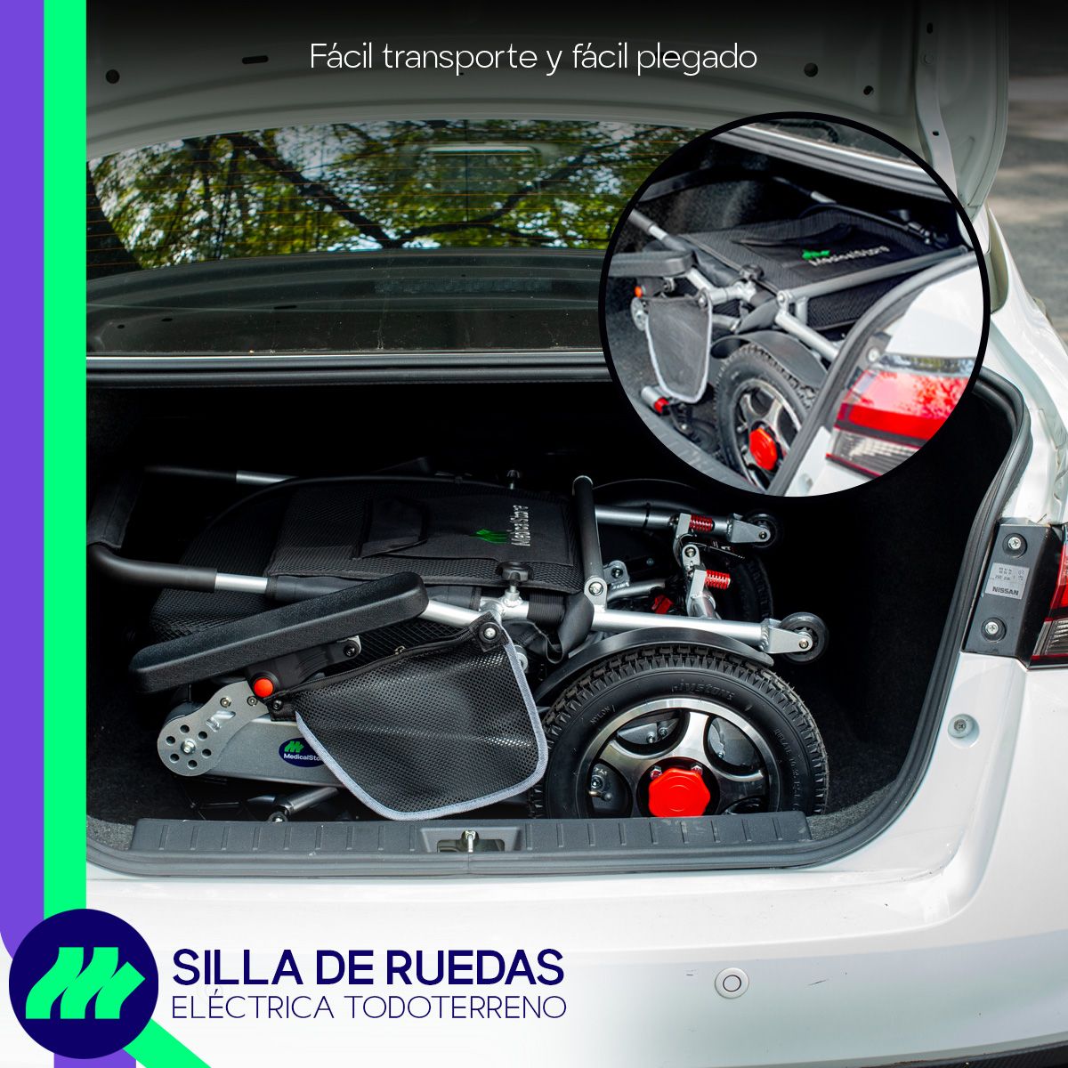 Sistema plegable de la silla eléctrica plegable, ideal para guardarla en casa o en la cajuela del auto.