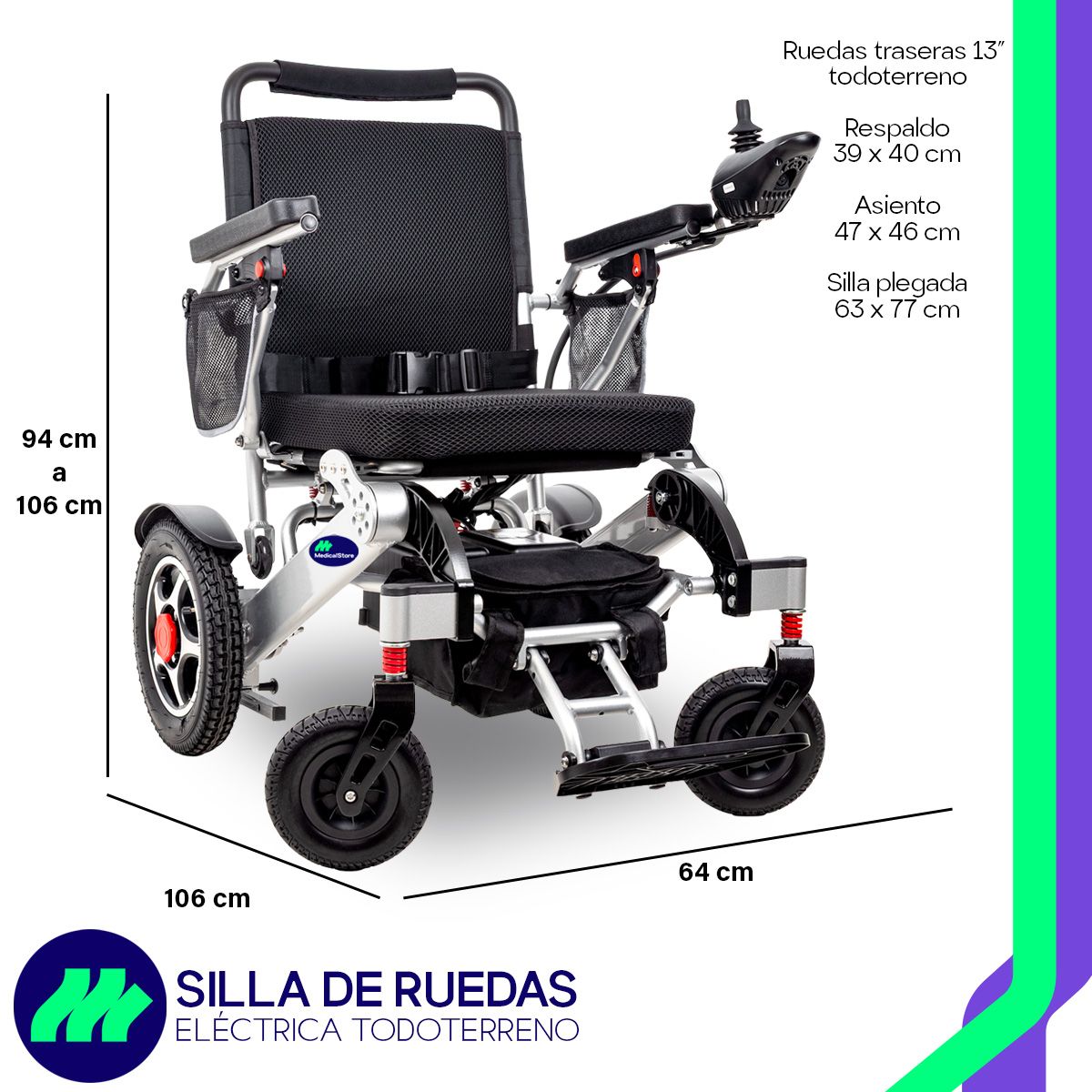 Vista frontal de la silla eléctrica plegable mostrando su diseño portátil y cómodo para adultos mayores.