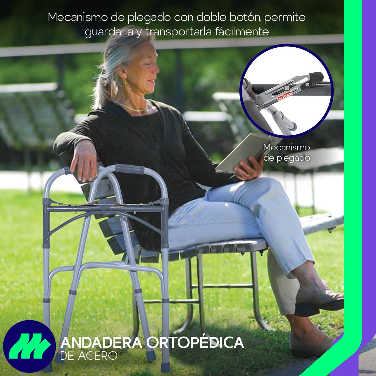 Andadera ortopédica plegable lista para almacenamiento, mecanismo seguro y compacto
