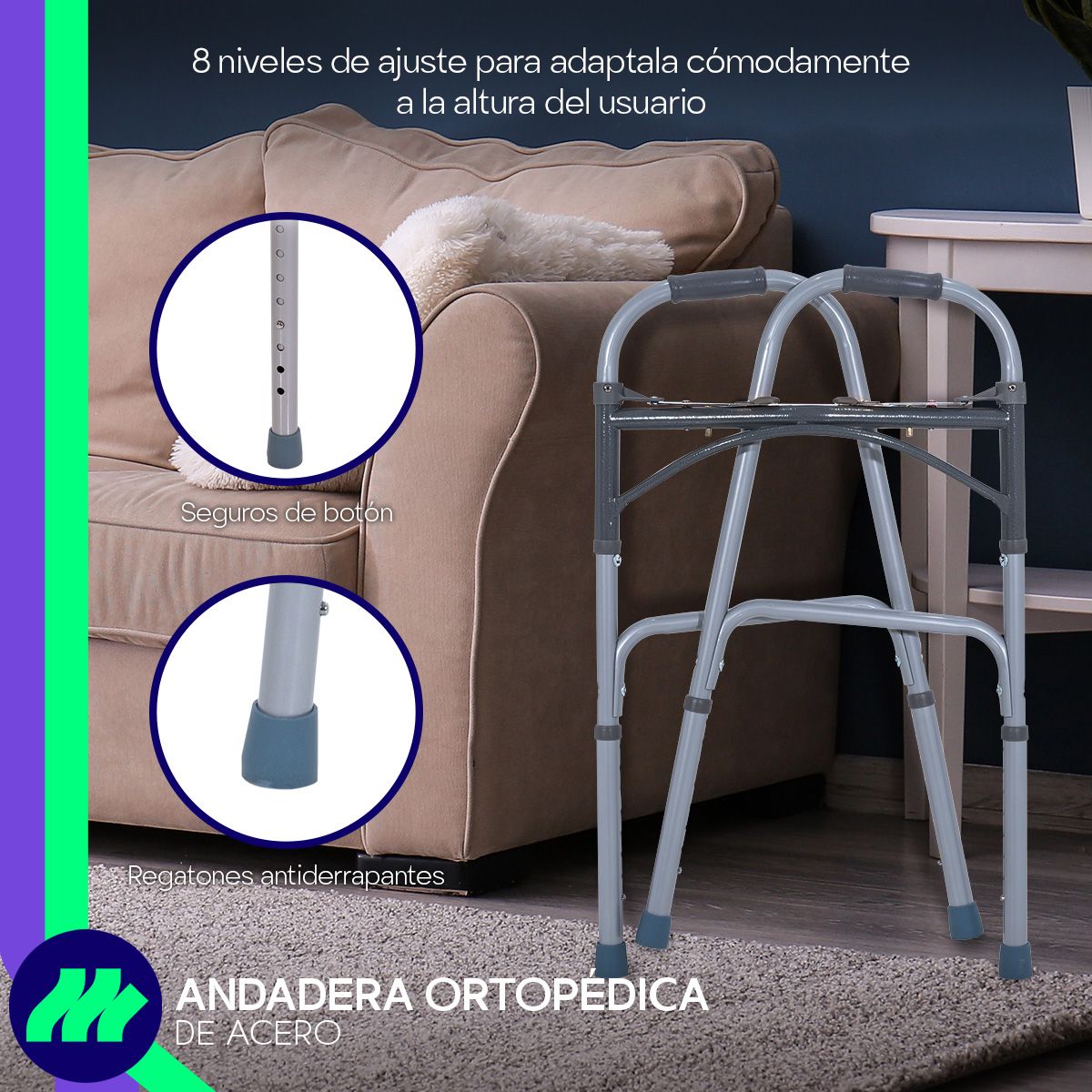Adulto utilizando la andadera ortopédica para caminar de forma segura