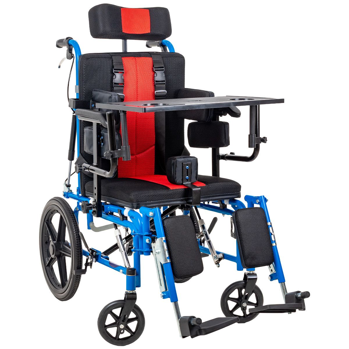 Silla de ruedas infantil PCI ortopédica vista frontal con asiento y respaldo ajustables