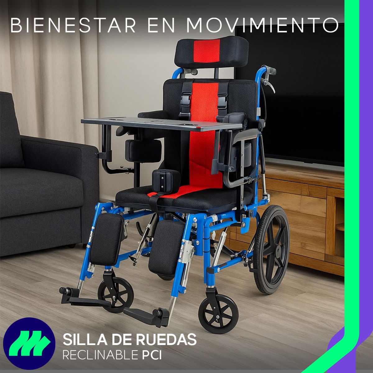 Silla de ruedas infantil PCI ortopédica con palancas hidráulicas para reclinar respaldo y asiento