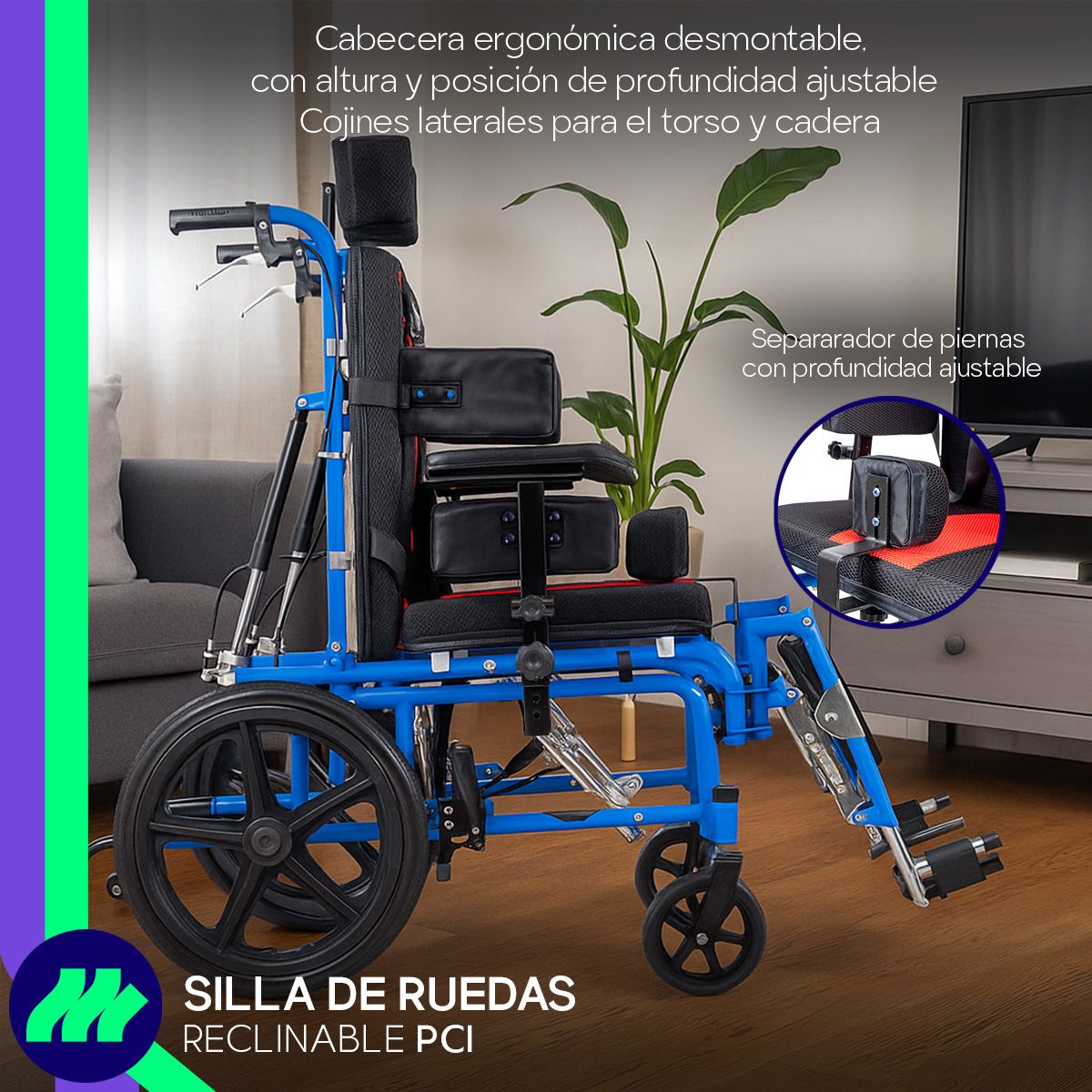 Silla de ruedas infantil PCI ortopédica vista lateral mostrando ruedas y elevapiernas