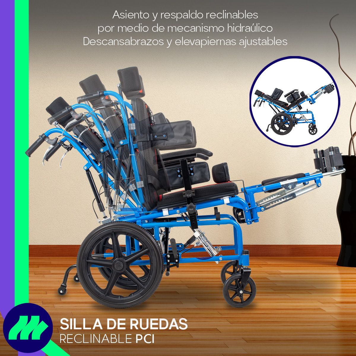 Silla de ruedas infantil PCI ortopédica con cojines laterales para torso y cadera