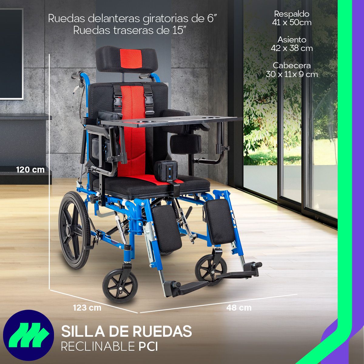 Silla de ruedas infantil PCI ortopédica con ruedas antivuelco traseras de seguridad