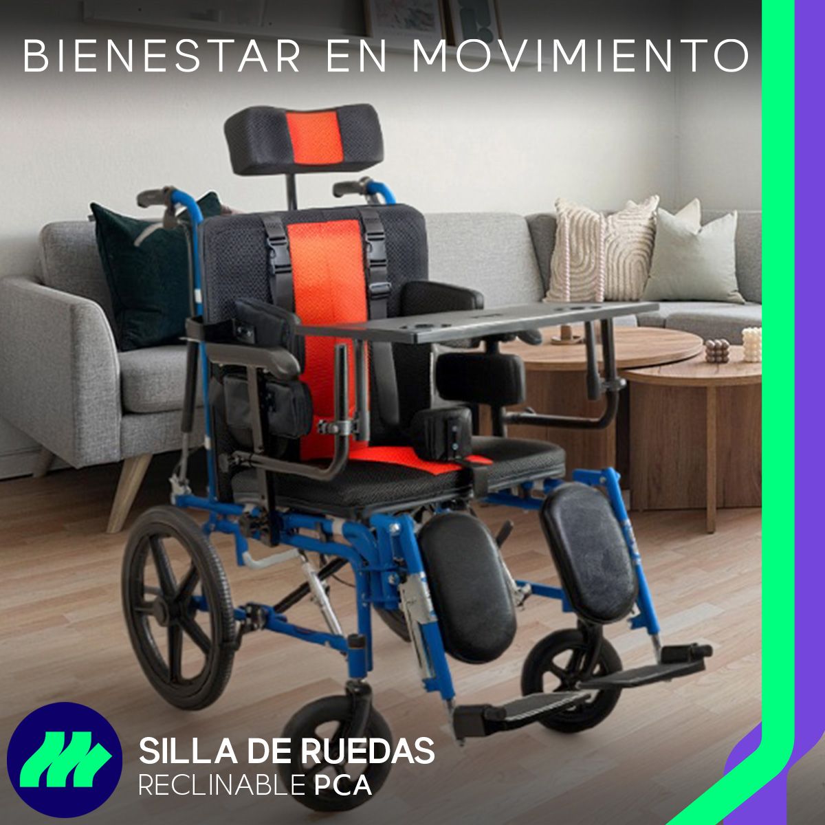 Silla de ruedas hidráulica con respaldo reclinable ajustable, pensada para brindar confort en todo momento.