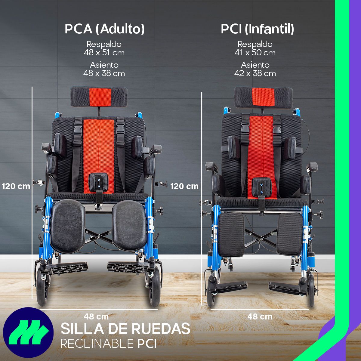 Silla de ruedas infantil PCI ortopédica con bolsillo trasero porta objetos y accesorios