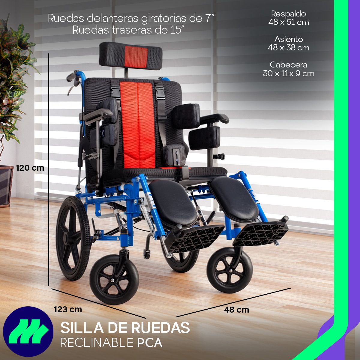 Cabecera desmontable y cojines ergonómicos que aseguran postura correcta en la silla de ruedas PCA.