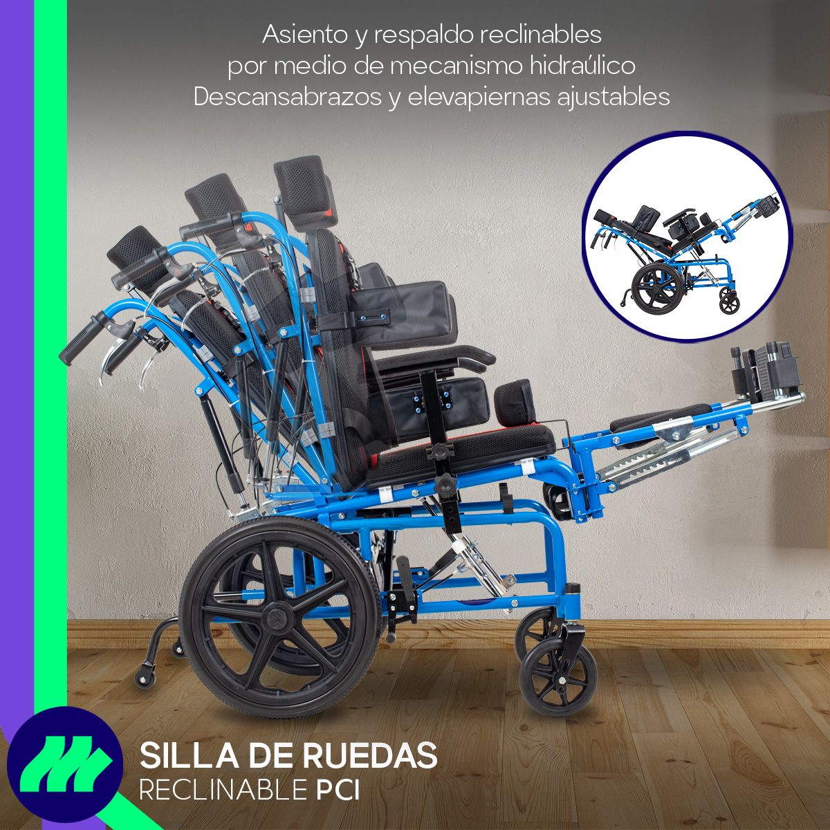 Silla de ruedas reclinable PCA con elevapiernas ajustables para mayor descanso y confort del usuario.
