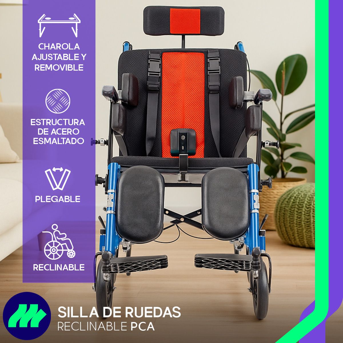 Silla de ruedas hidráulica PCA con sistema de reclinación suave y palancas de fácil manejo para cuidadores.