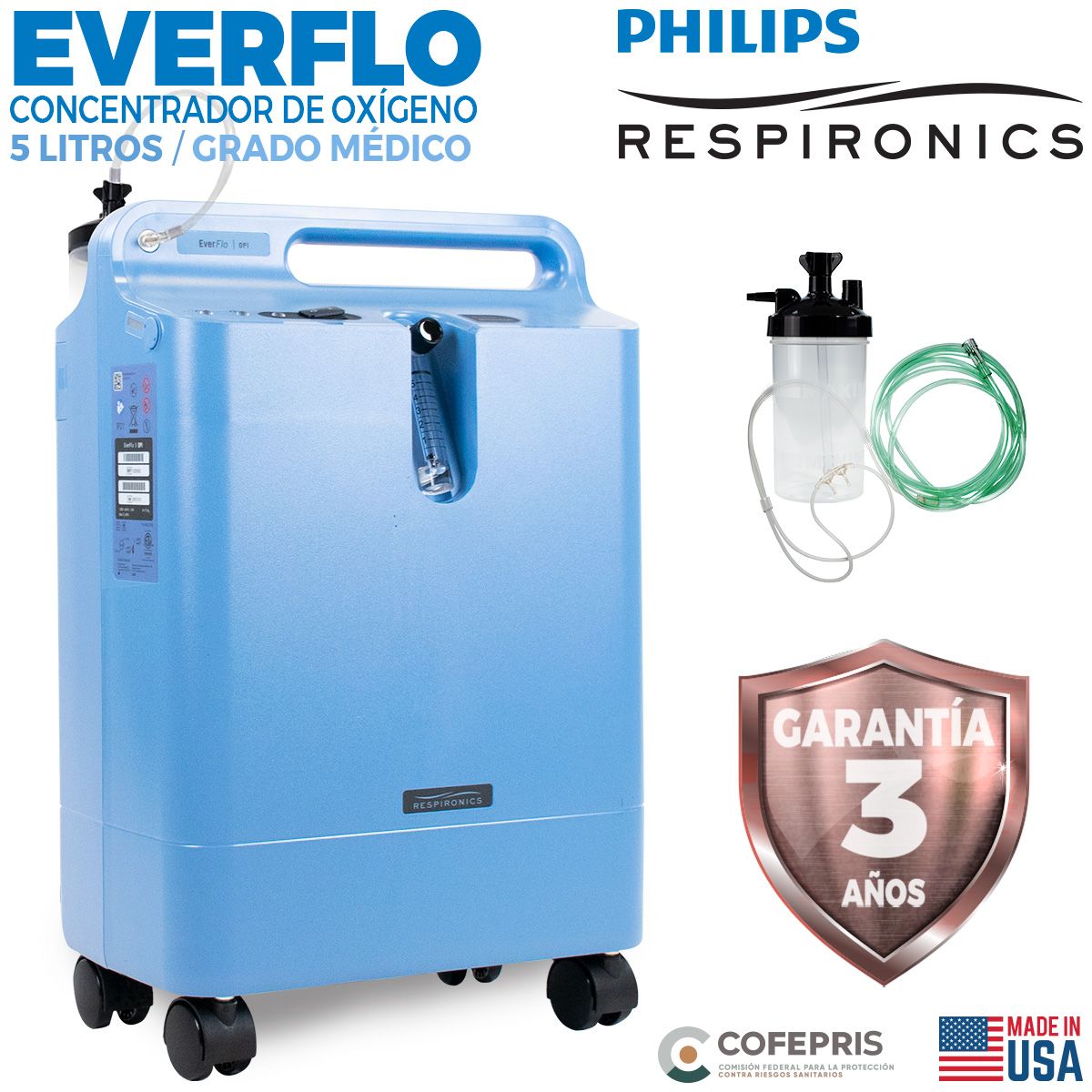 Panel de control del concentrador de oxígeno EverFlo Philips con perilla de ajuste y salida para cánula nasal.