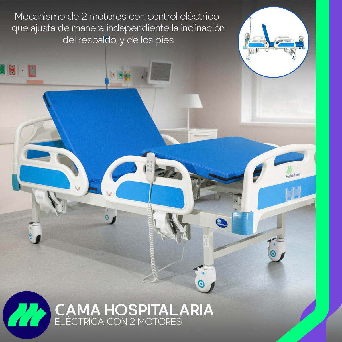 Cama Hospitalaria Eléctrica con 2 Motores, ajuste independiente de respaldo y pies, ideal para hospitales y hogares.