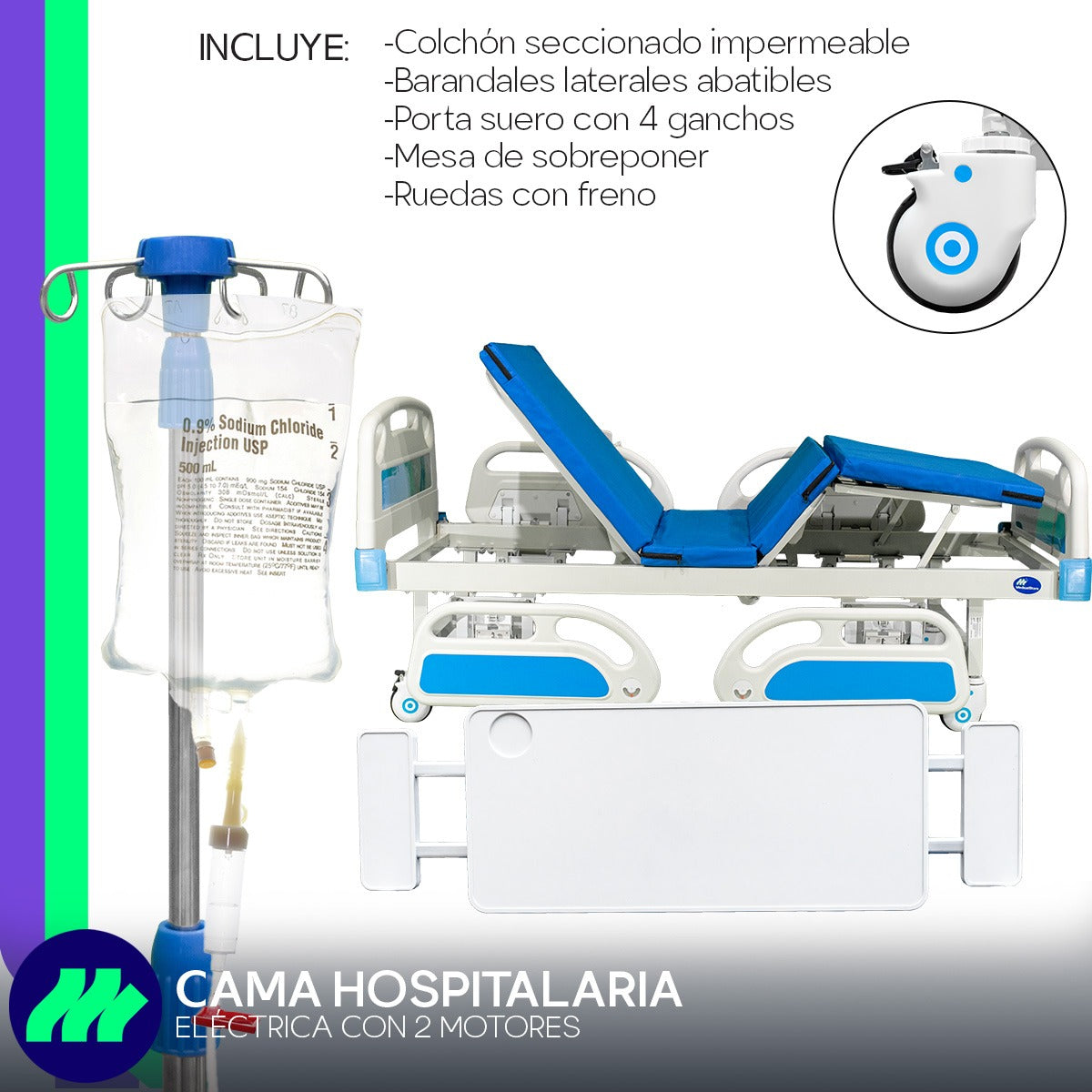 Cama Hospitalaria Eléctrica 4 Barandales de ABS laterales plegables