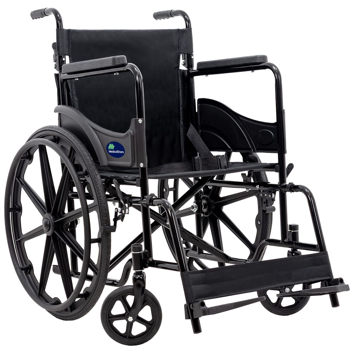 Silla de ruedas plegable con respaldo abatible, ruedas grandes y descansabrazos acojinados para movilidad segura y cómoda en interiores y exteriores.